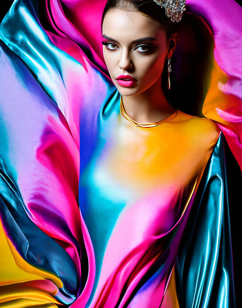 Striking woman with tiara in vibrant satin fabrics and bold makeup