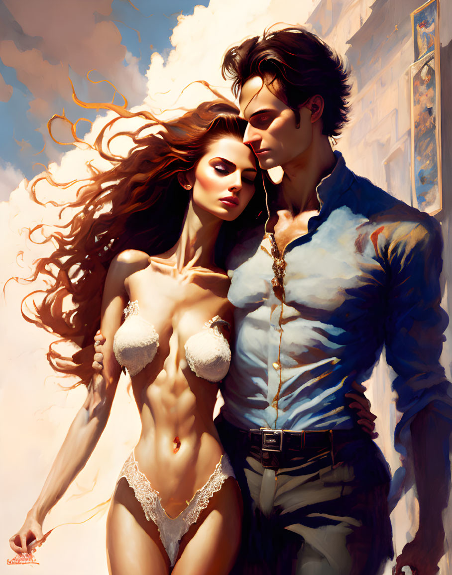 Romantic couple embracing in stylized painting with flowing hair and soft background