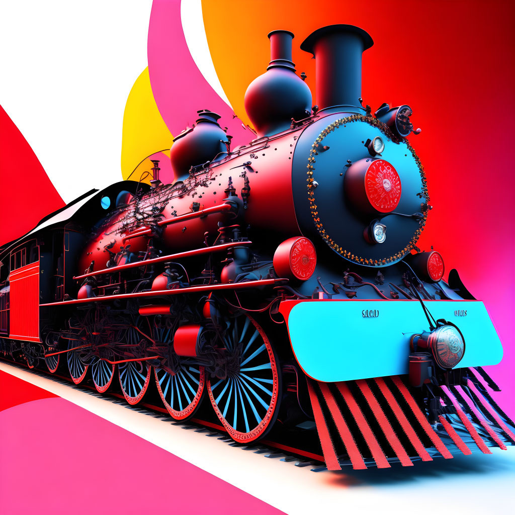 Colorful digital artwork of a classic steam locomotive on vibrant backdrop