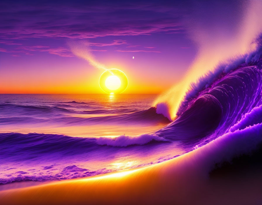 Scenic purple and orange beach sunset with large waves and glistening sun