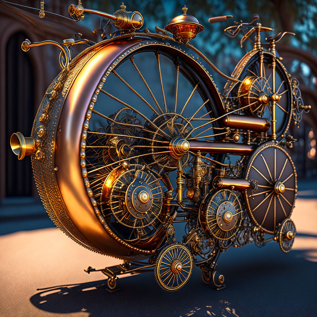 Steampunk bicycle with ornate gears and wheels in evening setting