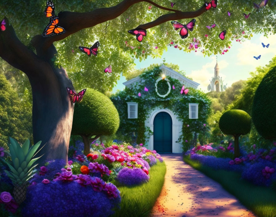 Lush Flower Garden Pathway to Quaint House with Butterflies