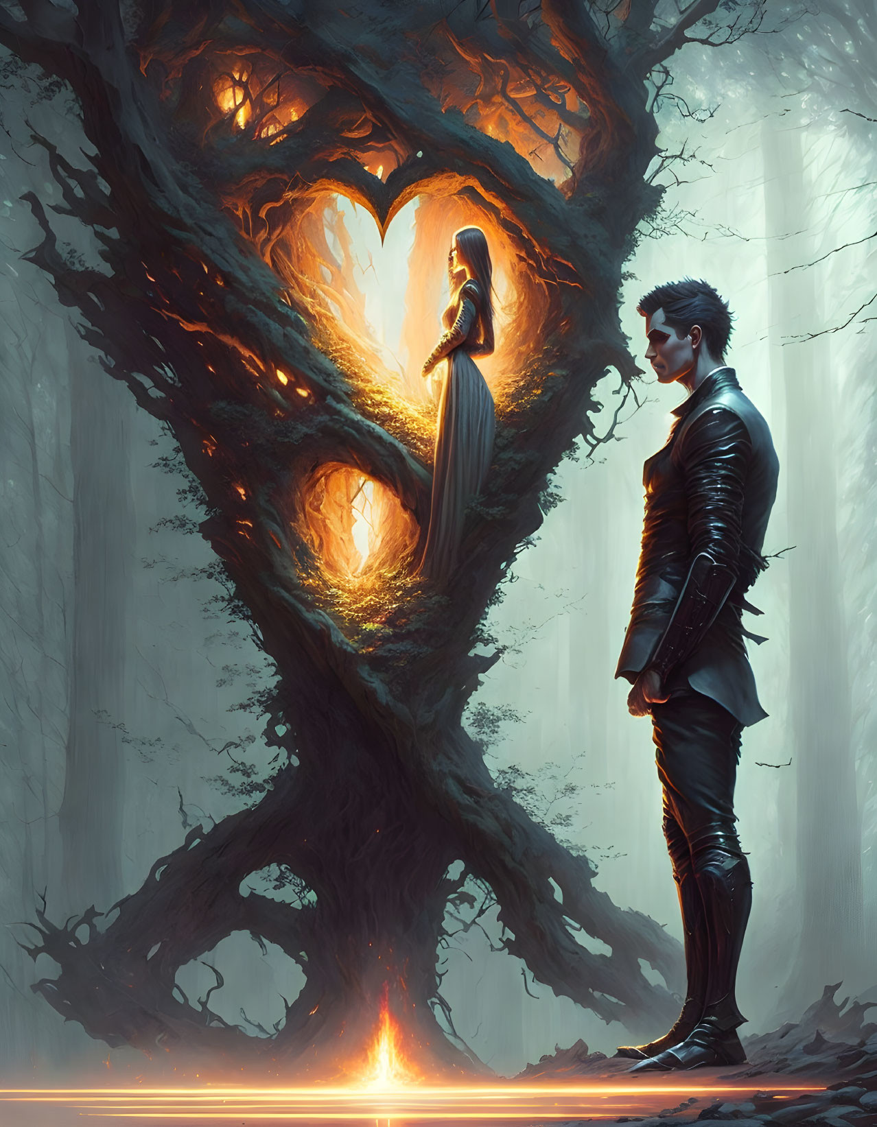 Man and woman by glowing heart-shaped tree in misty forest