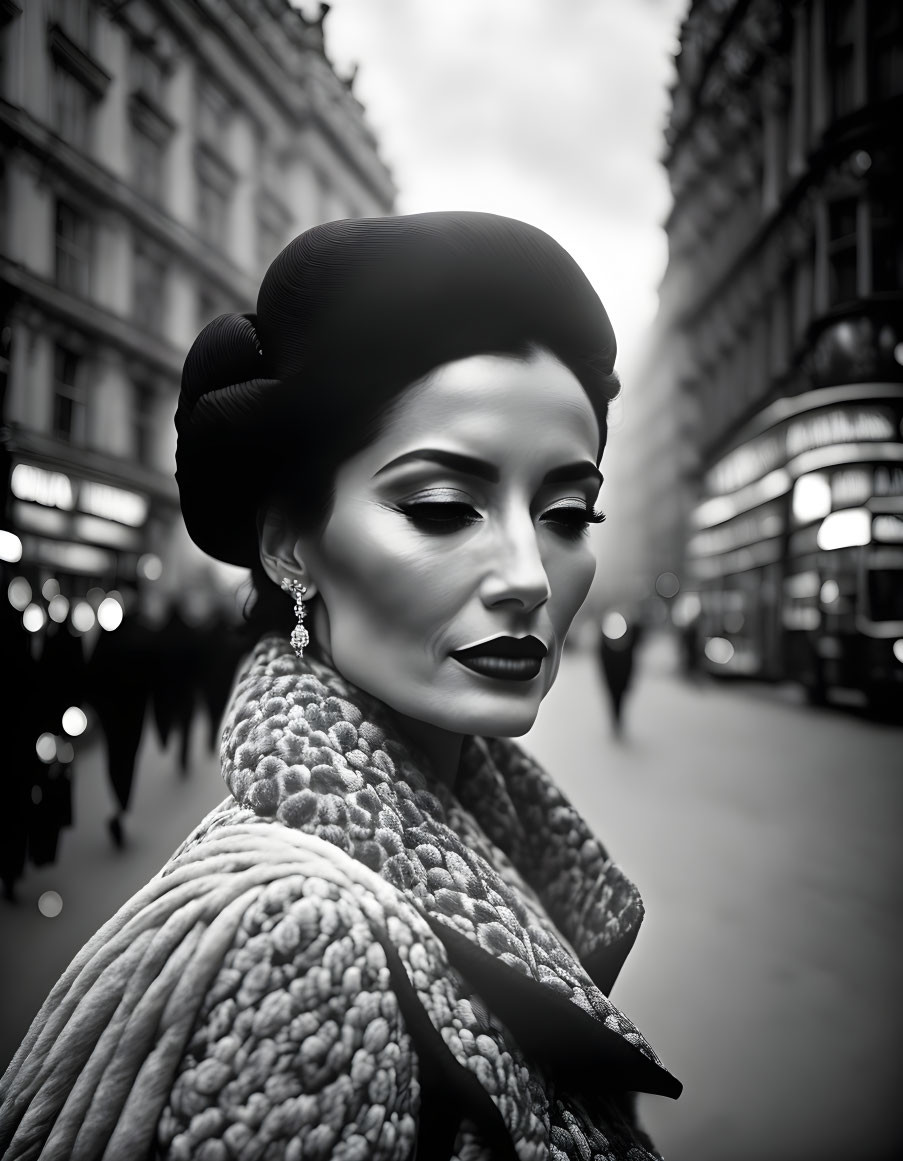 Monochrome image: elegant woman in vintage attire with blurred city backdrop