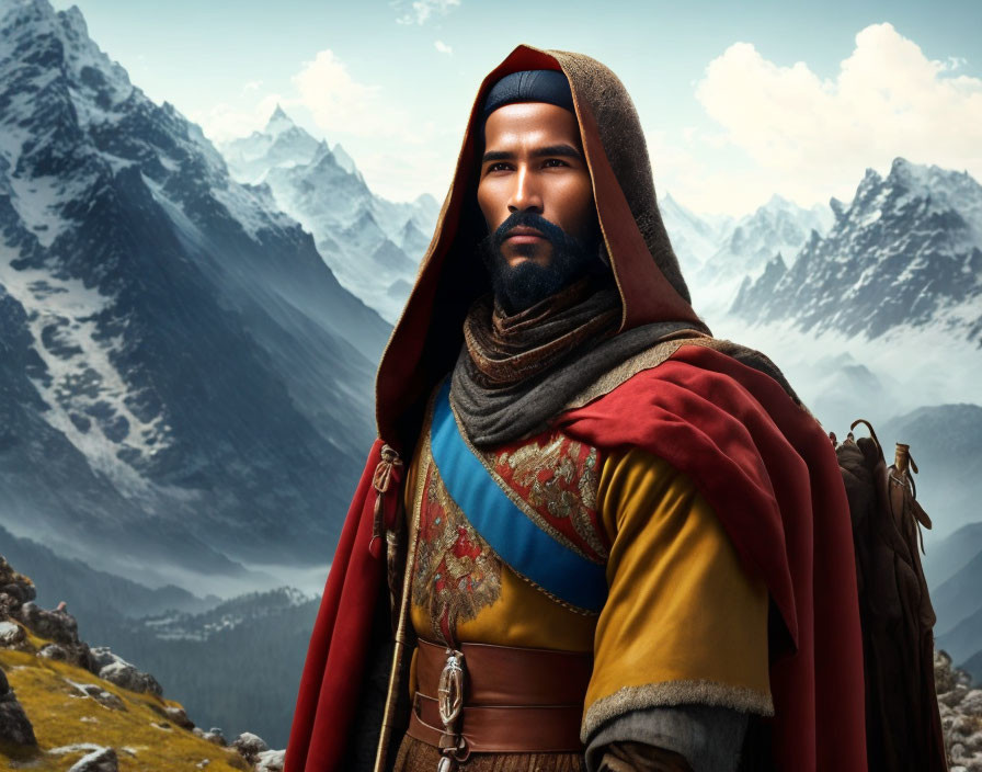 Medieval bearded man in red cloak and blue tunic before snowy mountains