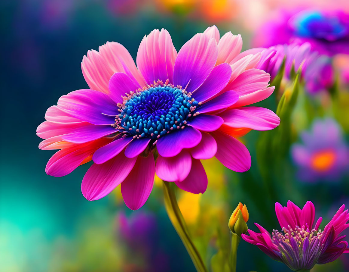 Colorful Pink Daisy with Blue Center on Blurred Floral Background