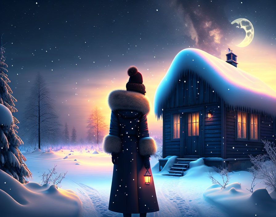 Person in Winter Attire Holding Lantern in Snow Near Cabin Under Starry Sky