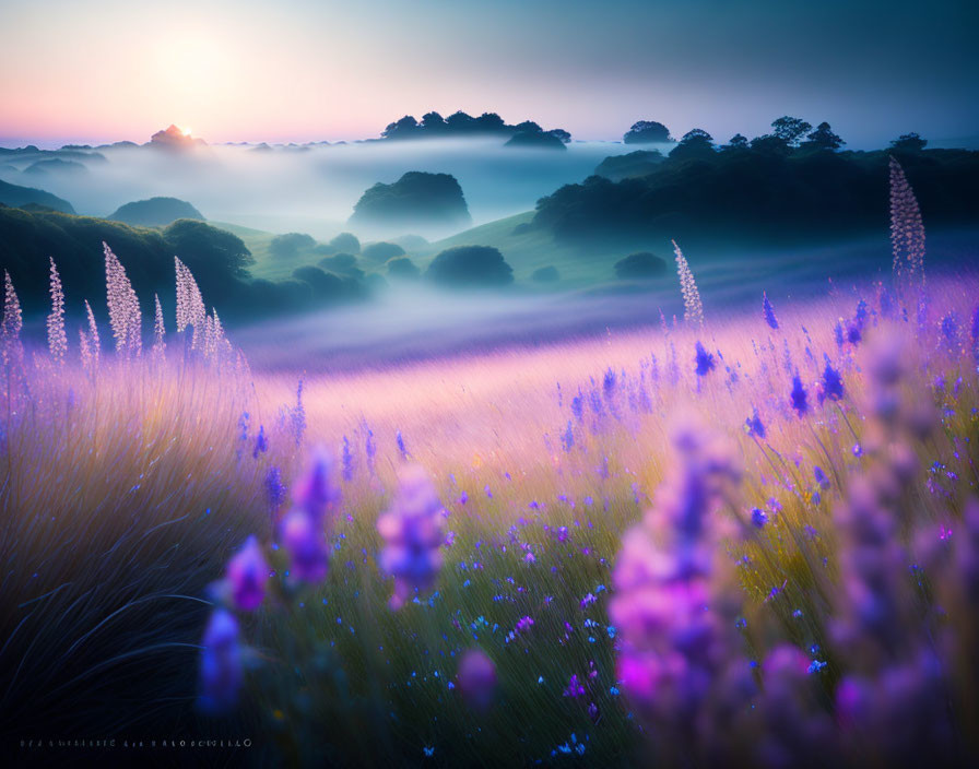 Picturesque lavender field at dusk with misty rolling hills under twilight sky