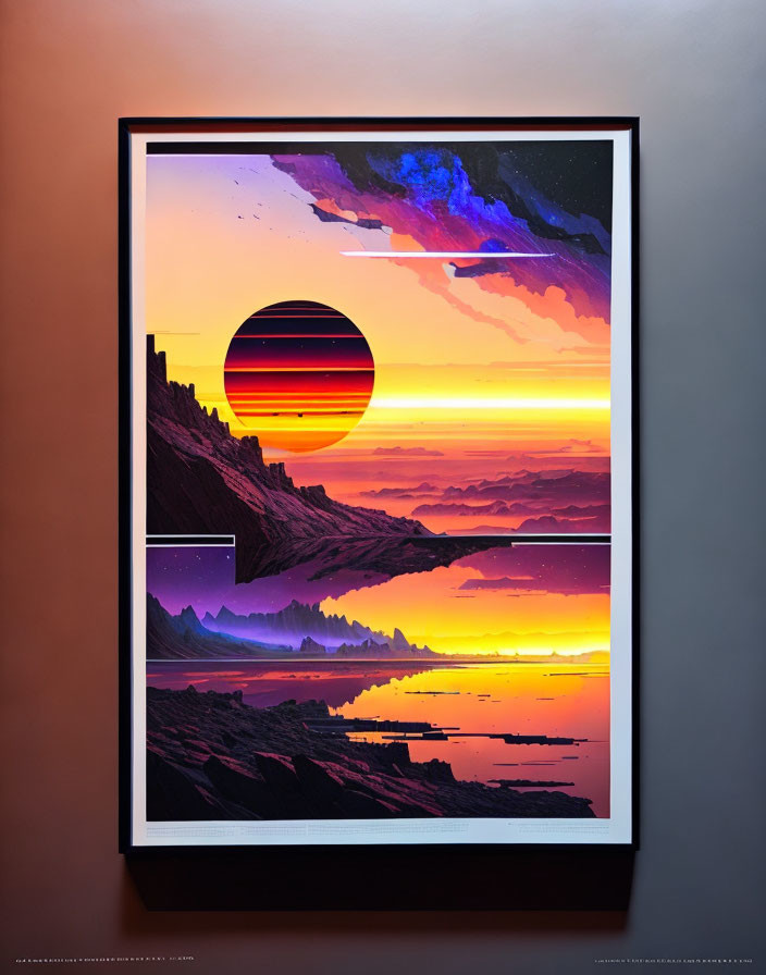 Futuristic landscape poster with layered mountains and sun