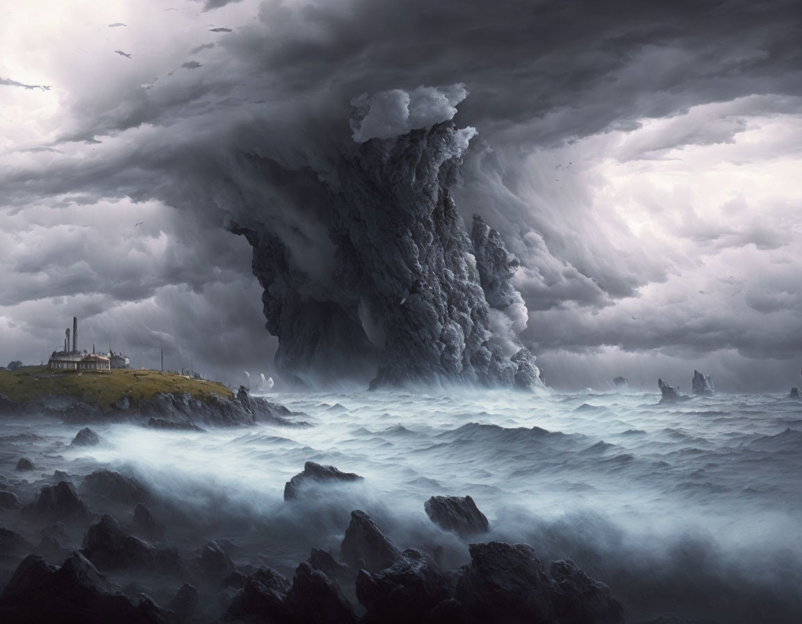 Stormy Seascape: Tumultuous Ocean, Dark Sky, Colossal Wave, Lighthouse