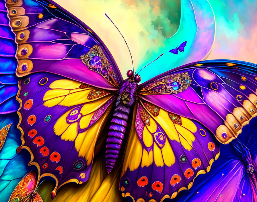 Colorful Butterfly Artwork with Elaborate Wings on Swirling Background