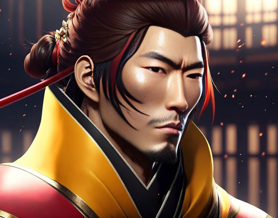 Digital portrait of an Asian warrior in traditional armor with topknot hairstyle.