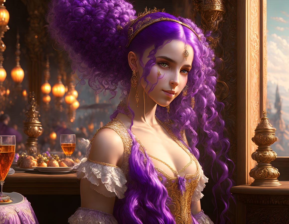 Regal female figure with purple hair in ornate gold and purple dress