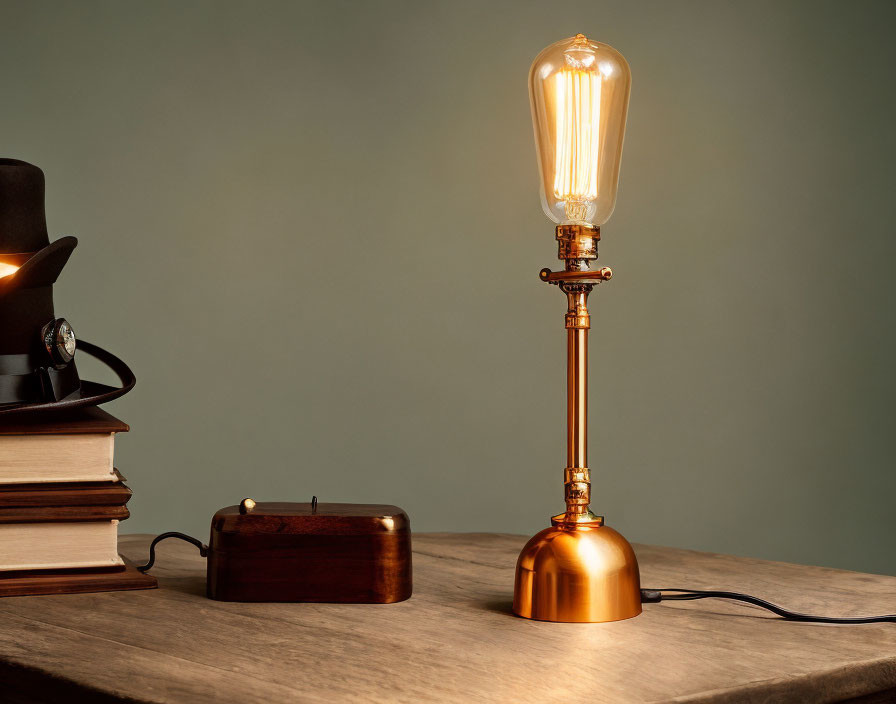 Vintage Desk Setup with Glowing Filament Bulb, Books, and Bowler Hat