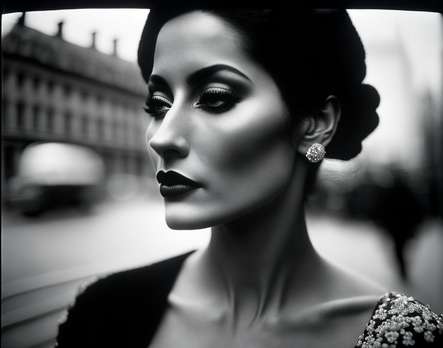 Monochrome portrait of woman with bold makeup and city backdrop