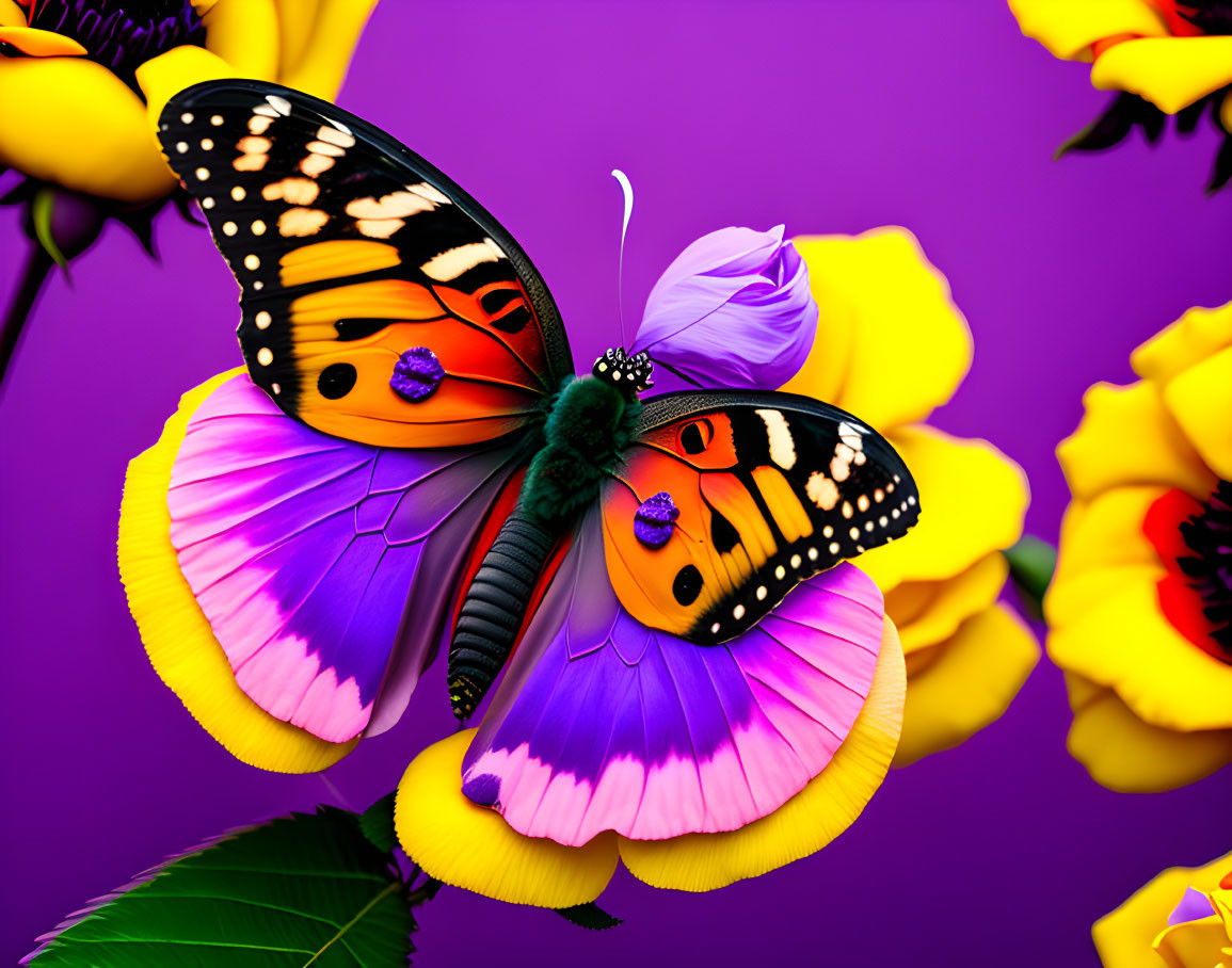 Colorful Butterfly on Purple Flower with Yellow Background