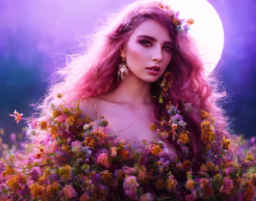 Woman with Pink Hair and Floral Crown Surrounded by Vibrant Flowers in Mystical Purple Setting