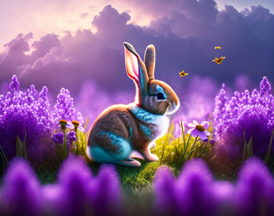 Rabbit surrounded by purple flowers and butterflies at twilight