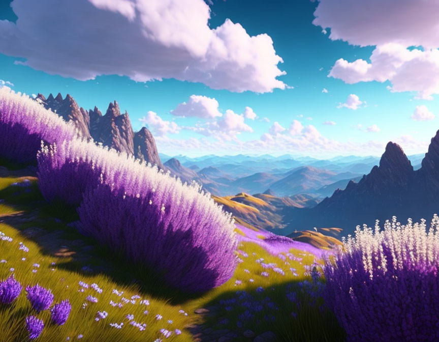 Scenic landscape with purple fields, rocky peaks, and rolling hills