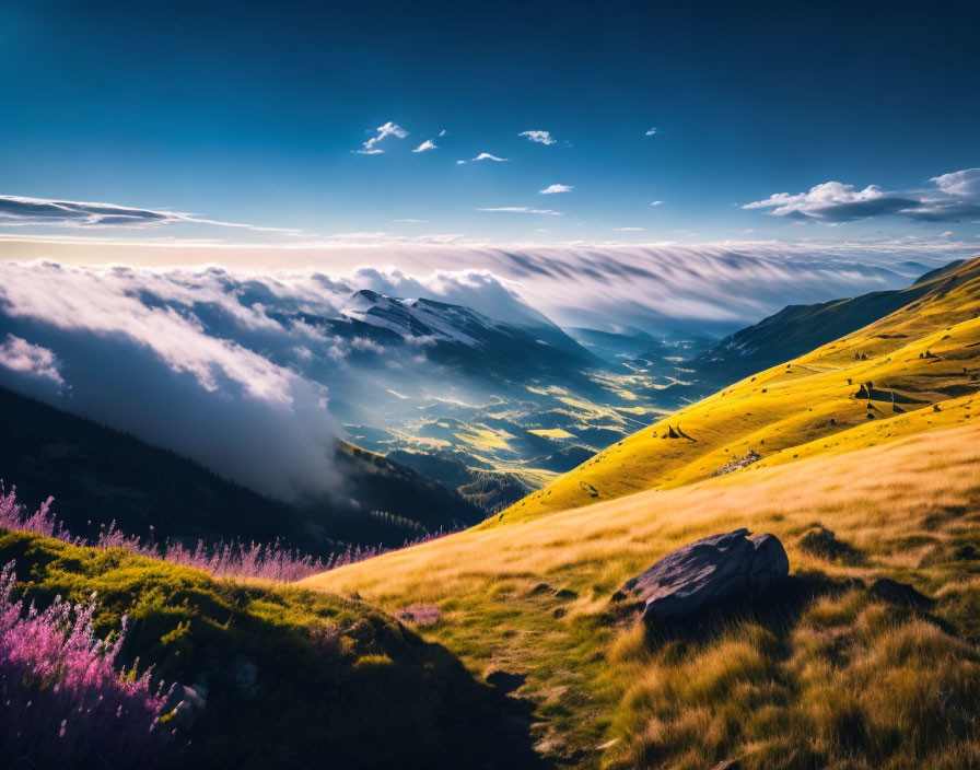 Mountain landscape with rolling clouds, golden sunlight, and purple flowers