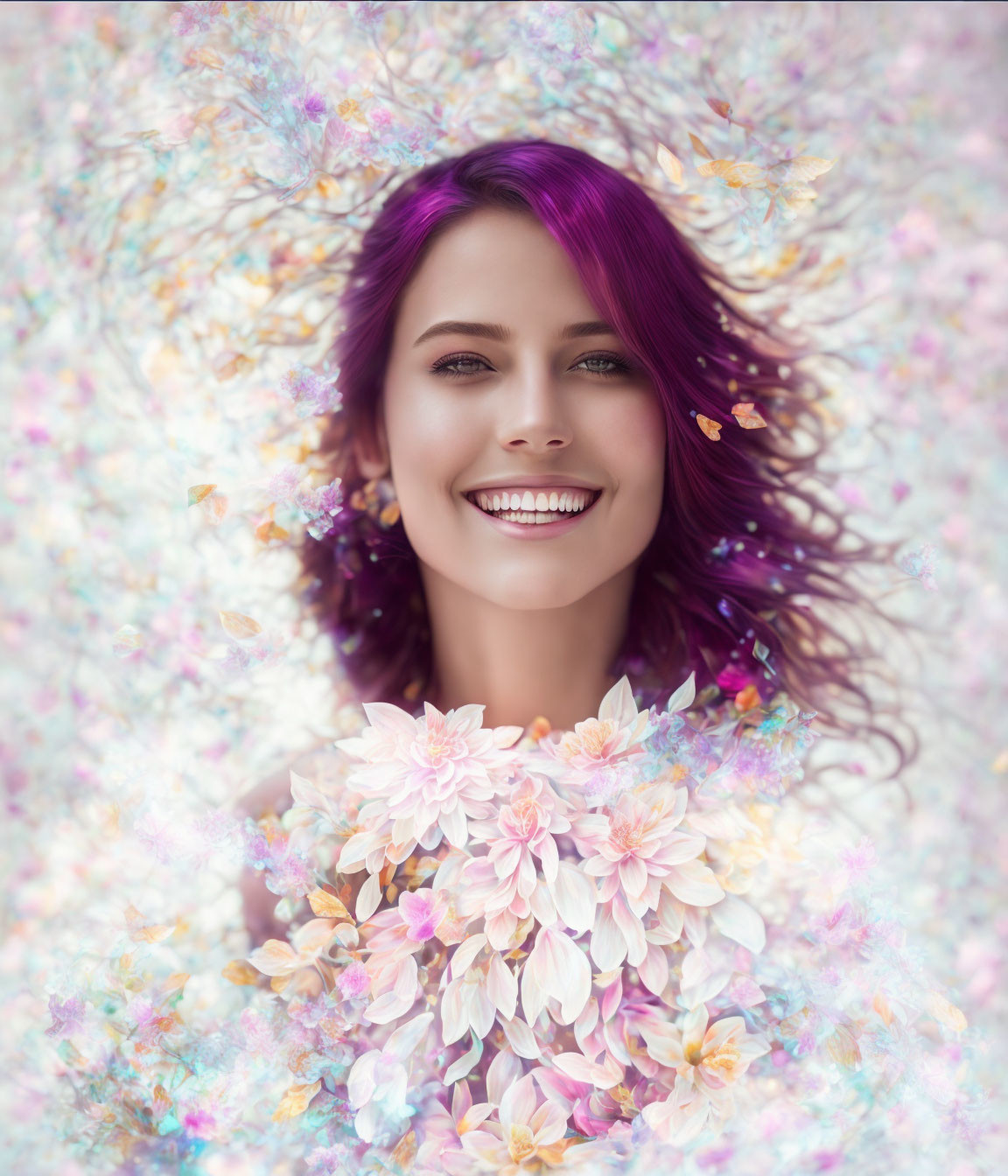 Smiling Woman with Purple Hair and Pastel Flowers