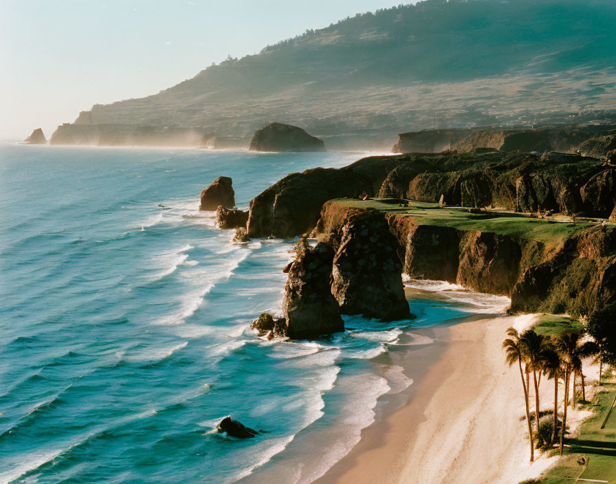 Tranquil coastal scene: cliffs, sandy beach, gentle waves, clear sky, greenery.