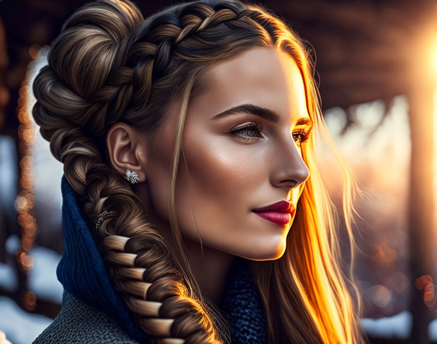 Woman with braided hairstyle and red lipstick in sunset-lit setting wearing earring and grey scarf