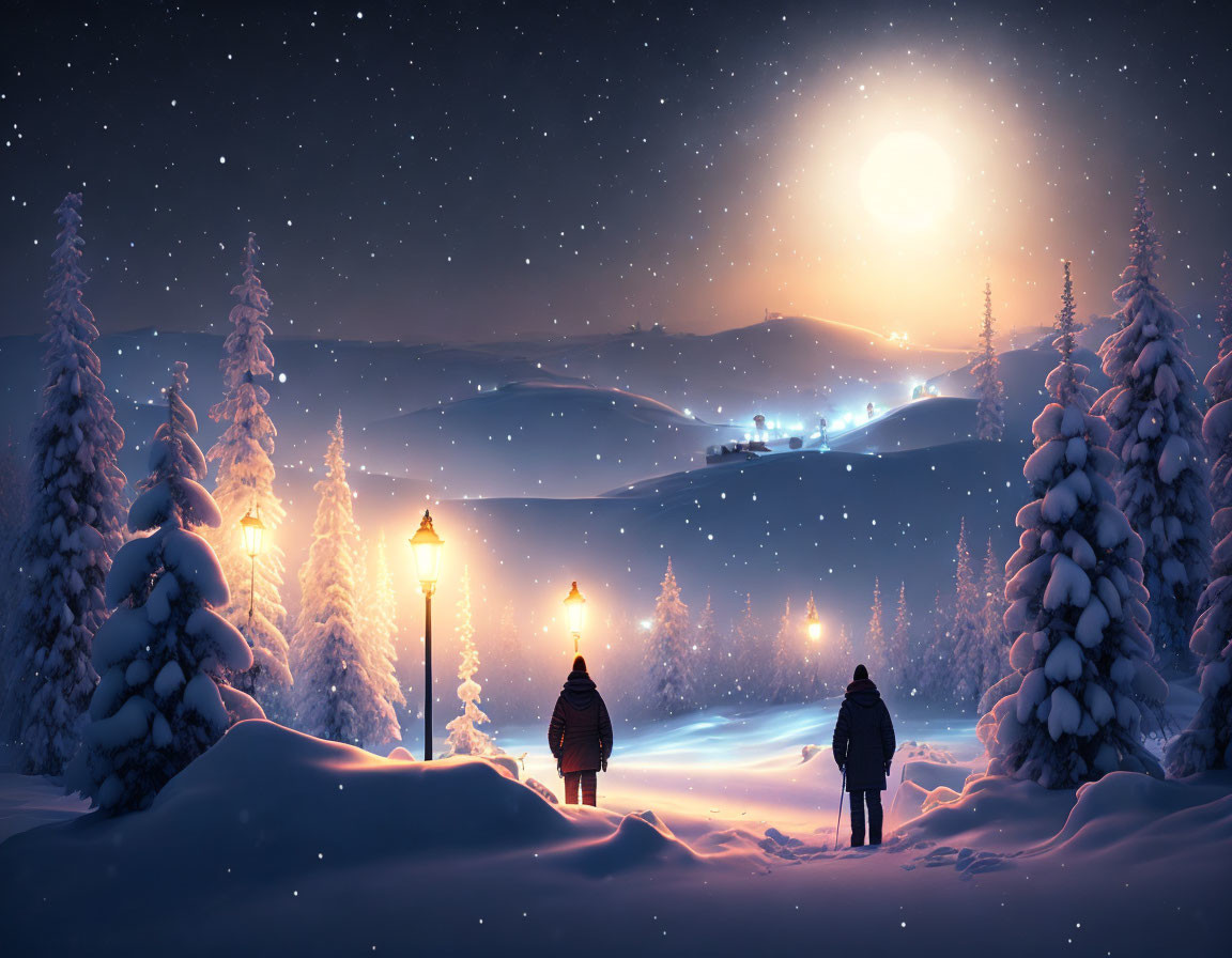 Snowy night landscape with two people, snow-covered trees, lampposts, hills, and