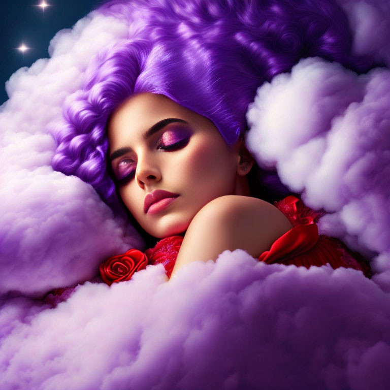 Woman with Purple Hair Surrounded by Clouds, Roses, and Stars