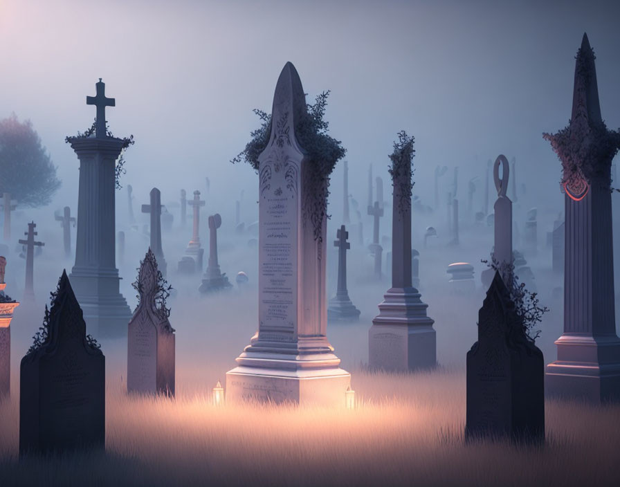 Twilight foggy graveyard with tombstones and crosses, central illuminated monument