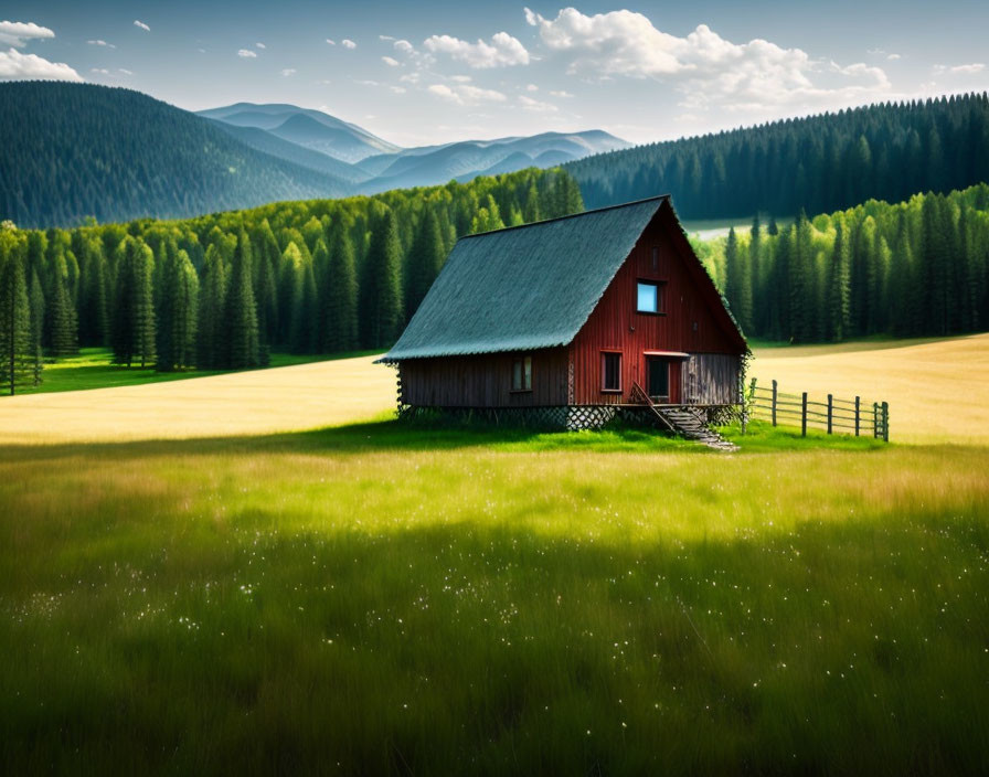 Rustic red cabin in green meadow with forest backdrop