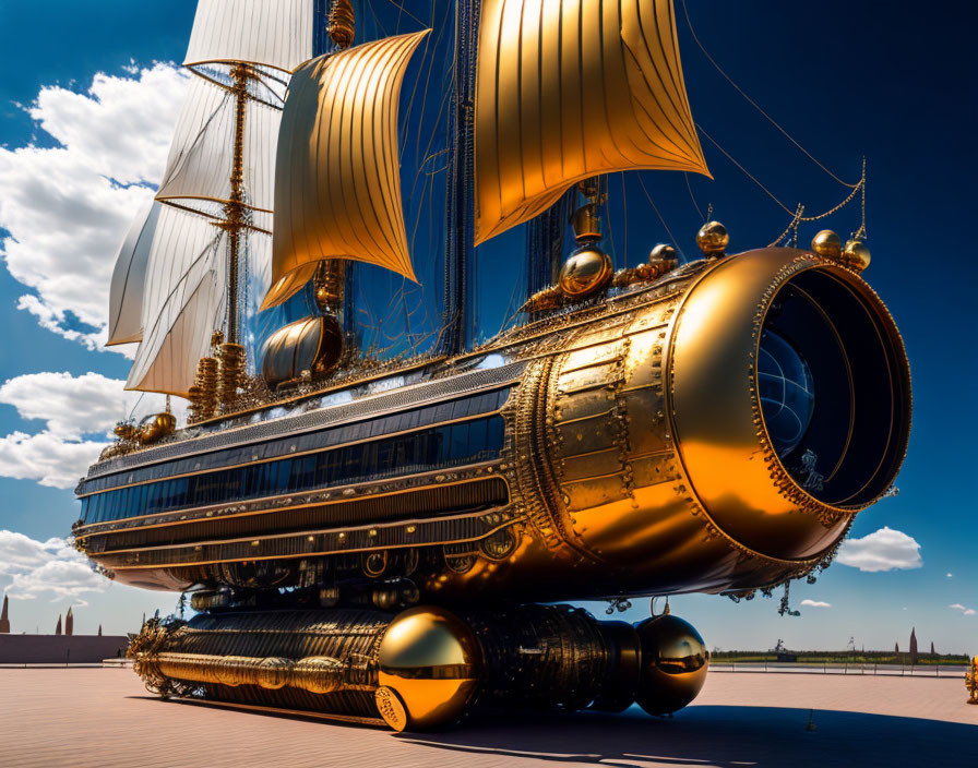 Steampunk airship with golden details floating under clear blue sky