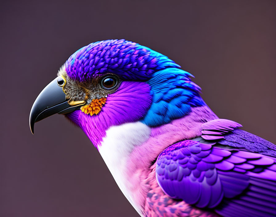 Colorful Purple and Blue Bird with Black Beak on Brown Background