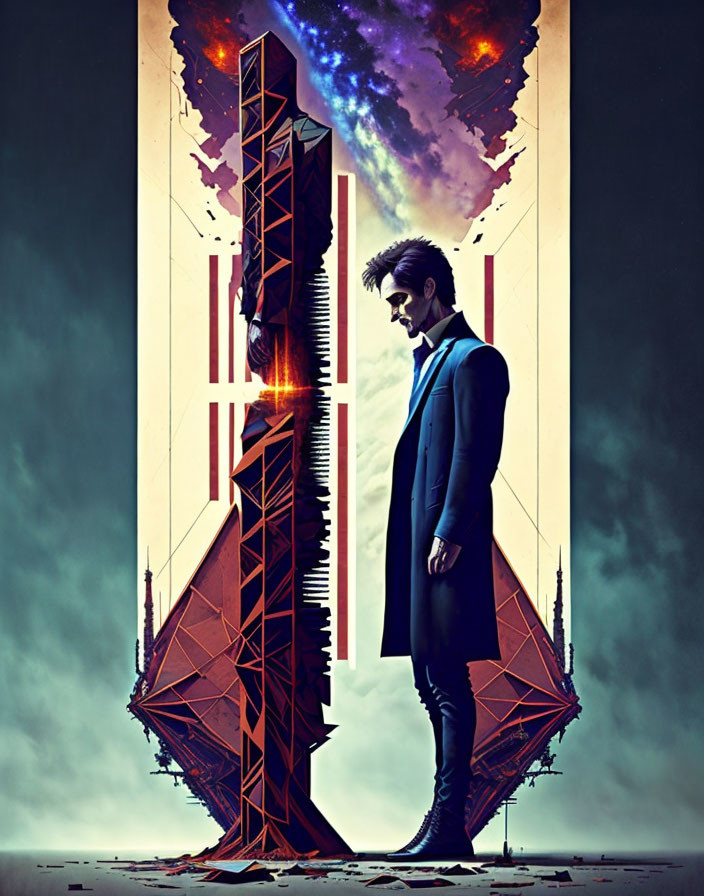 Stylized poster features man in trench coat with futuristic "A" and climbing figure on cosmic background