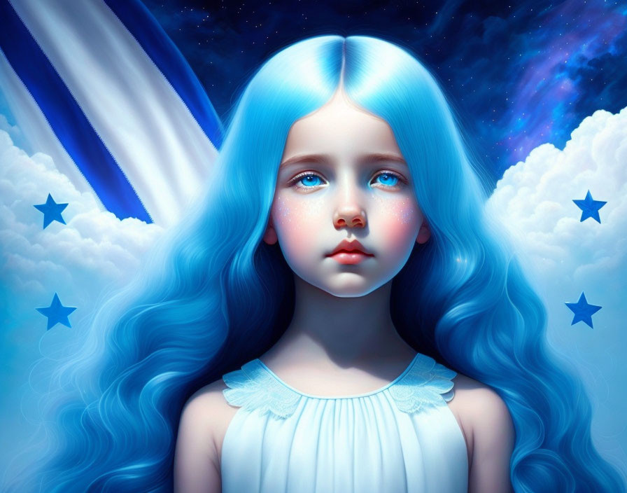 Digital artwork: Young girl with blue hair and eyes in celestial setting