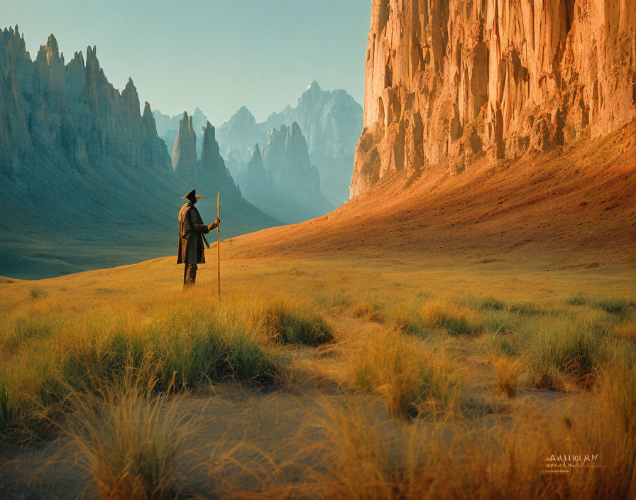 Solitary figure in grassy plain gazes at towering rocky spires