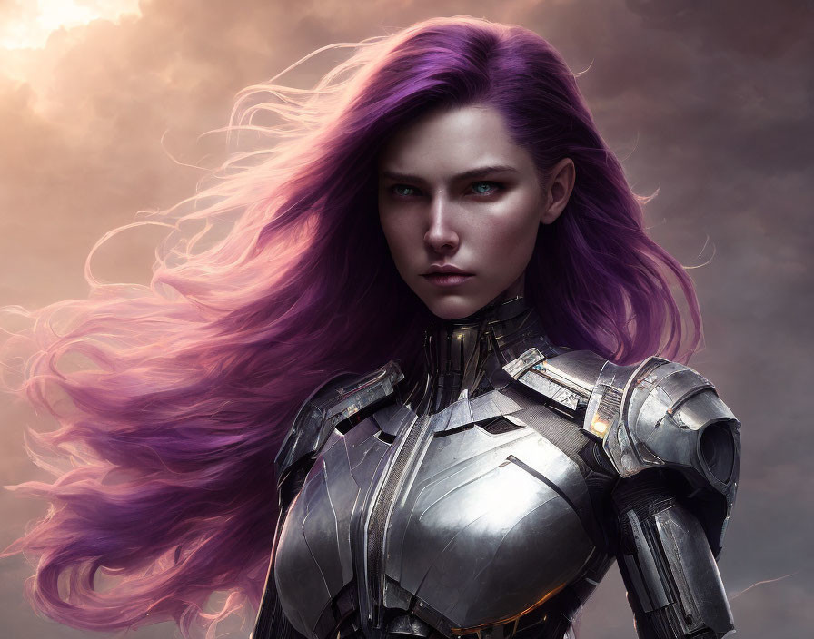 Purple-haired woman in futuristic armor under dramatic sky