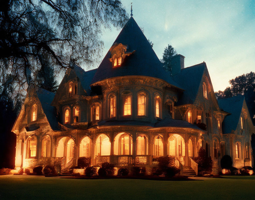 Twilight Victorian Mansion with Lit Windows and Landscaped Grounds