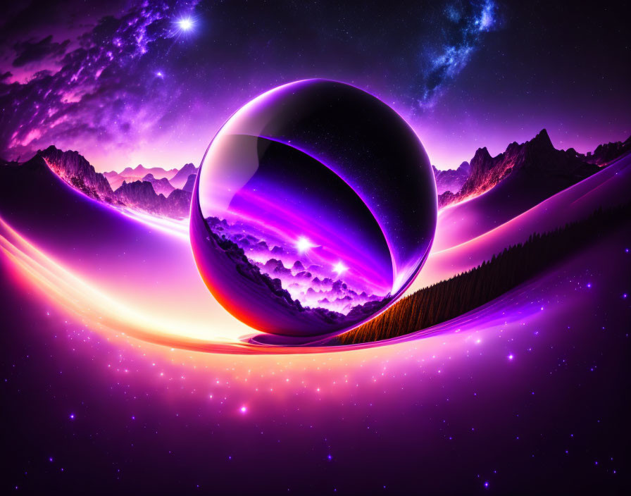 Digital Artwork: Reflective Sphere in Cosmic Landscape with Purple Hues