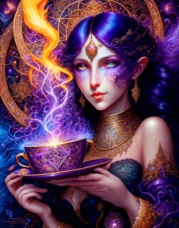 Mystical woman with violet eyes and purple hair holding a flaming cup amid cosmic scene