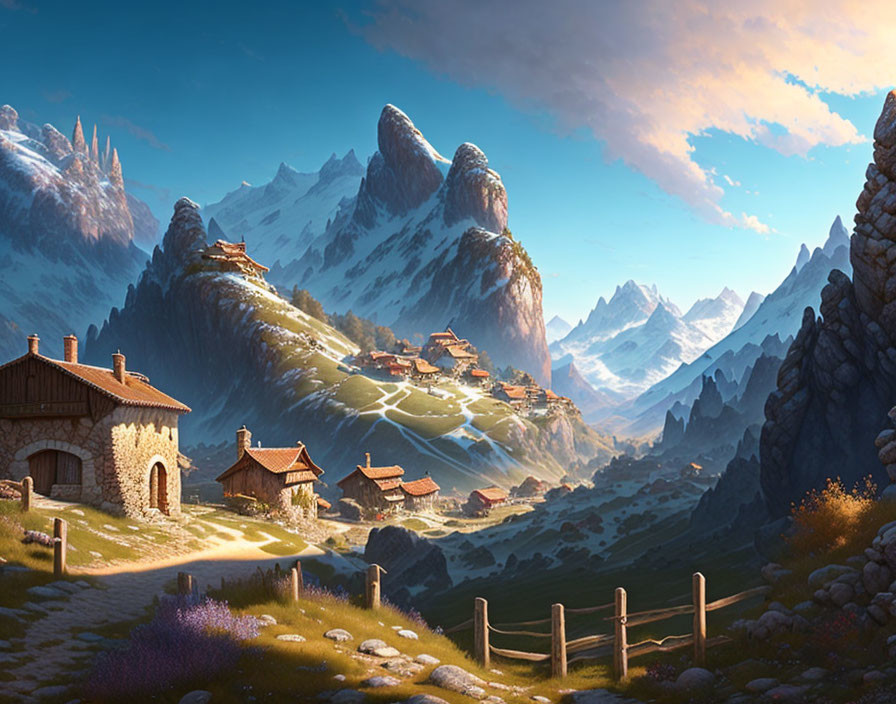 Illustrated mountain village scene with cozy houses and snow-capped peaks