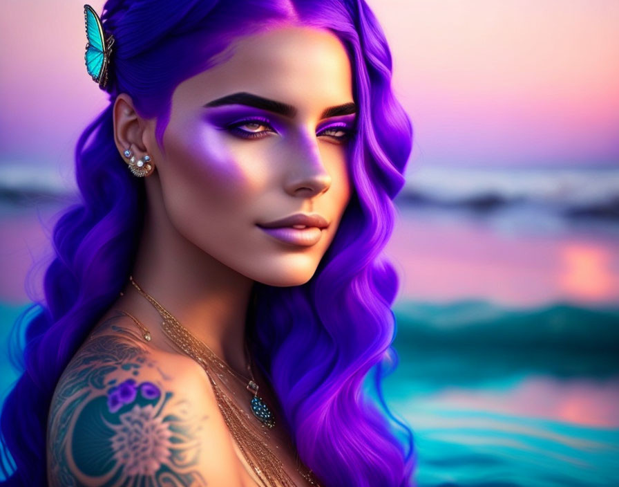 Digital artwork of woman with purple hair, makeup, tattoo, and butterfly on beach at sunset