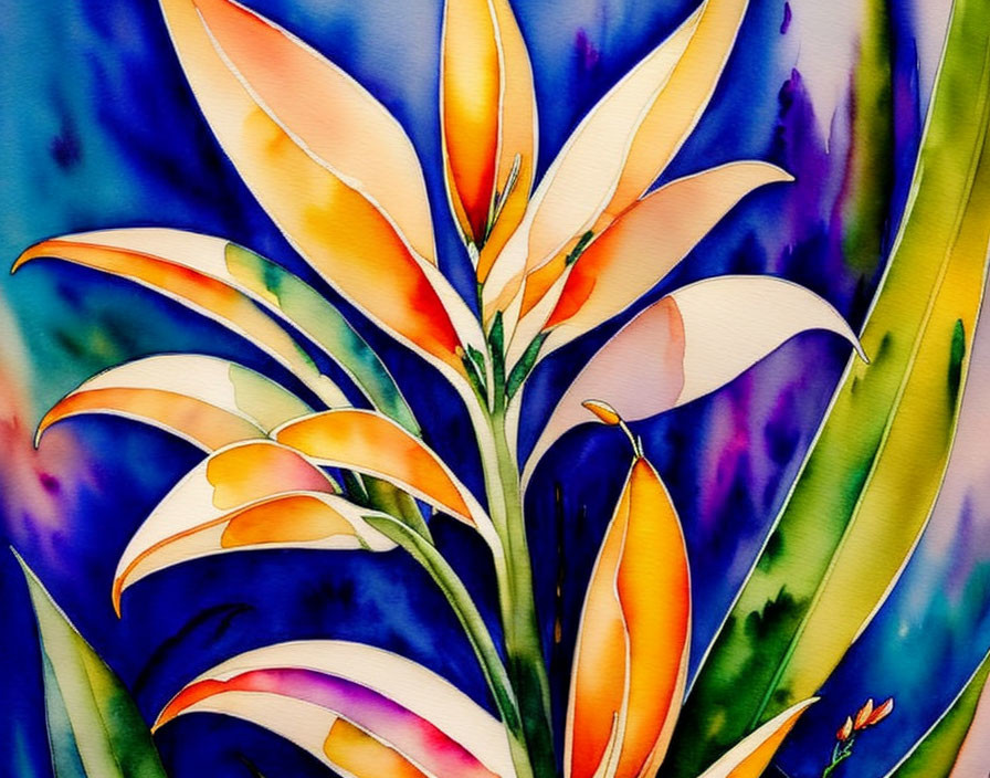 Colorful watercolor painting of exotic flowers on vivid background