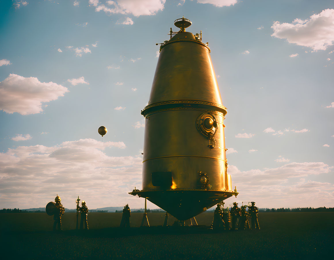 Group of figures in spacesuits near vintage rocket on flat field against blue sky