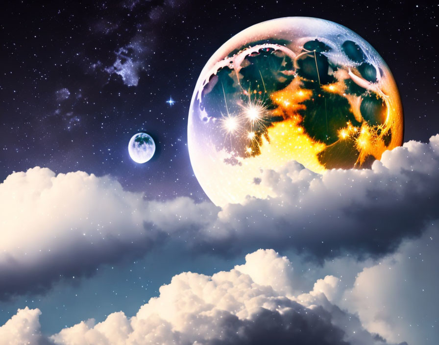 Digital art of contrasting celestial bodies above clouds: Earth-like and fiery planet under starry sky