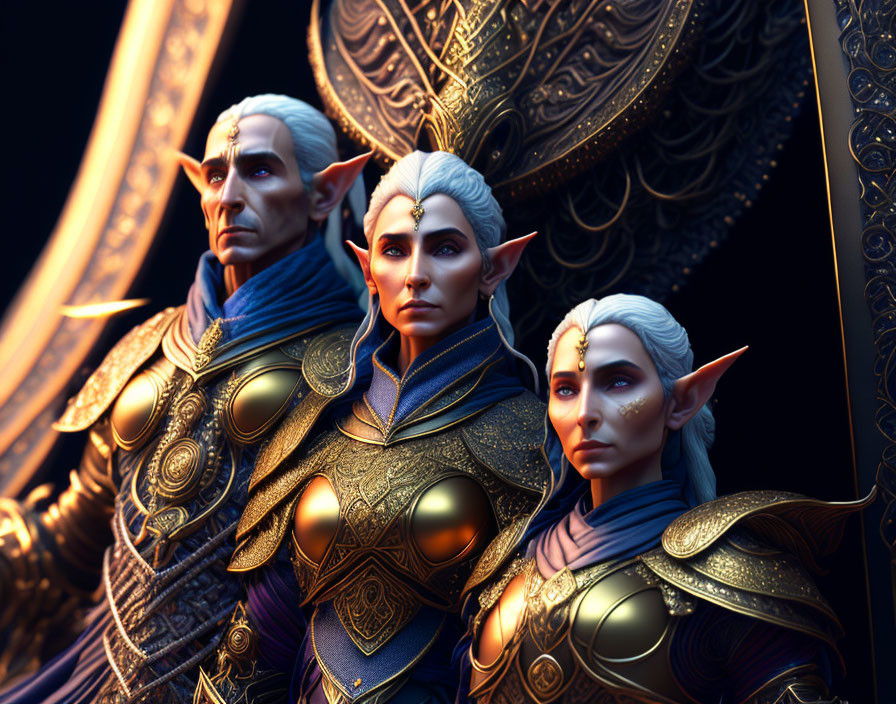 Three regal fantasy characters in ornate golden armor with pronounced elven ears.