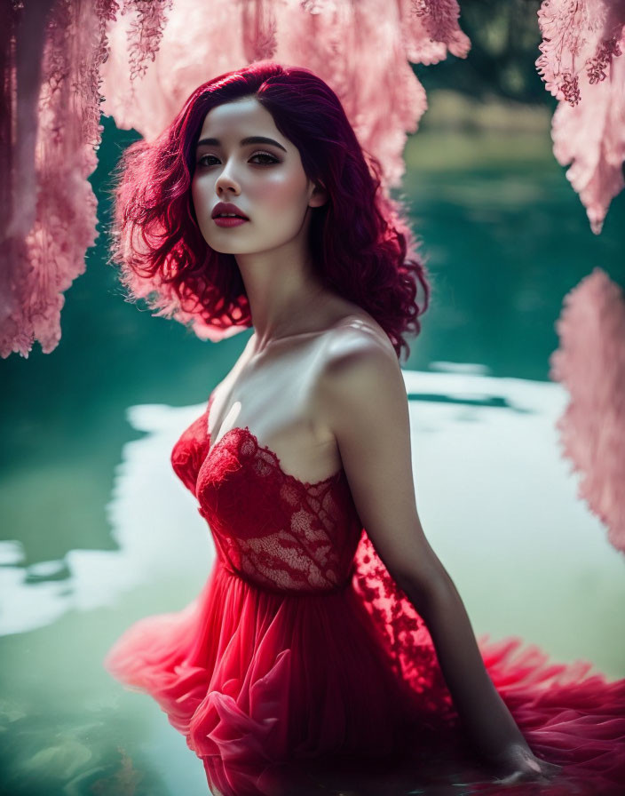 Vibrant red-haired woman in lacy gown by tranquil waters and pink blossoms