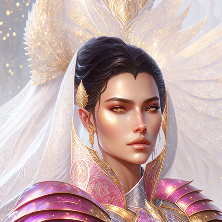 Golden-armored female figure with luminous wings and gold flecks.