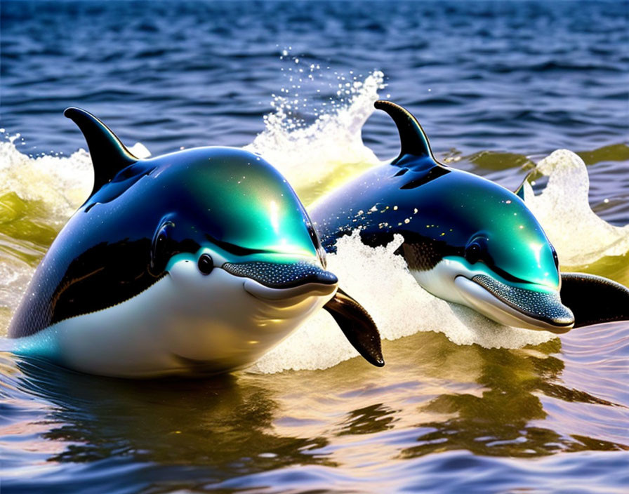 Digital rendering of orcas breaching in sunlight with splashes