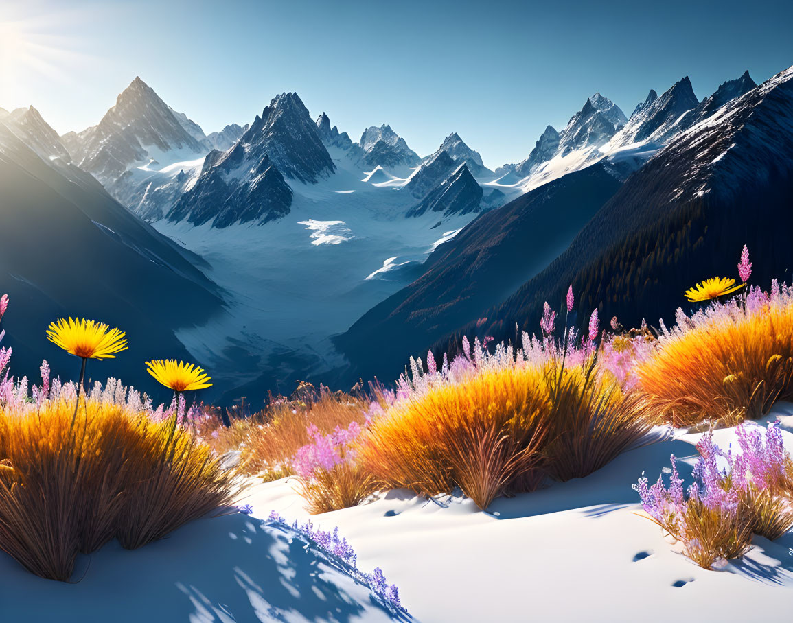 Scenic snow-covered landscape with colorful flowers and mountain peaks